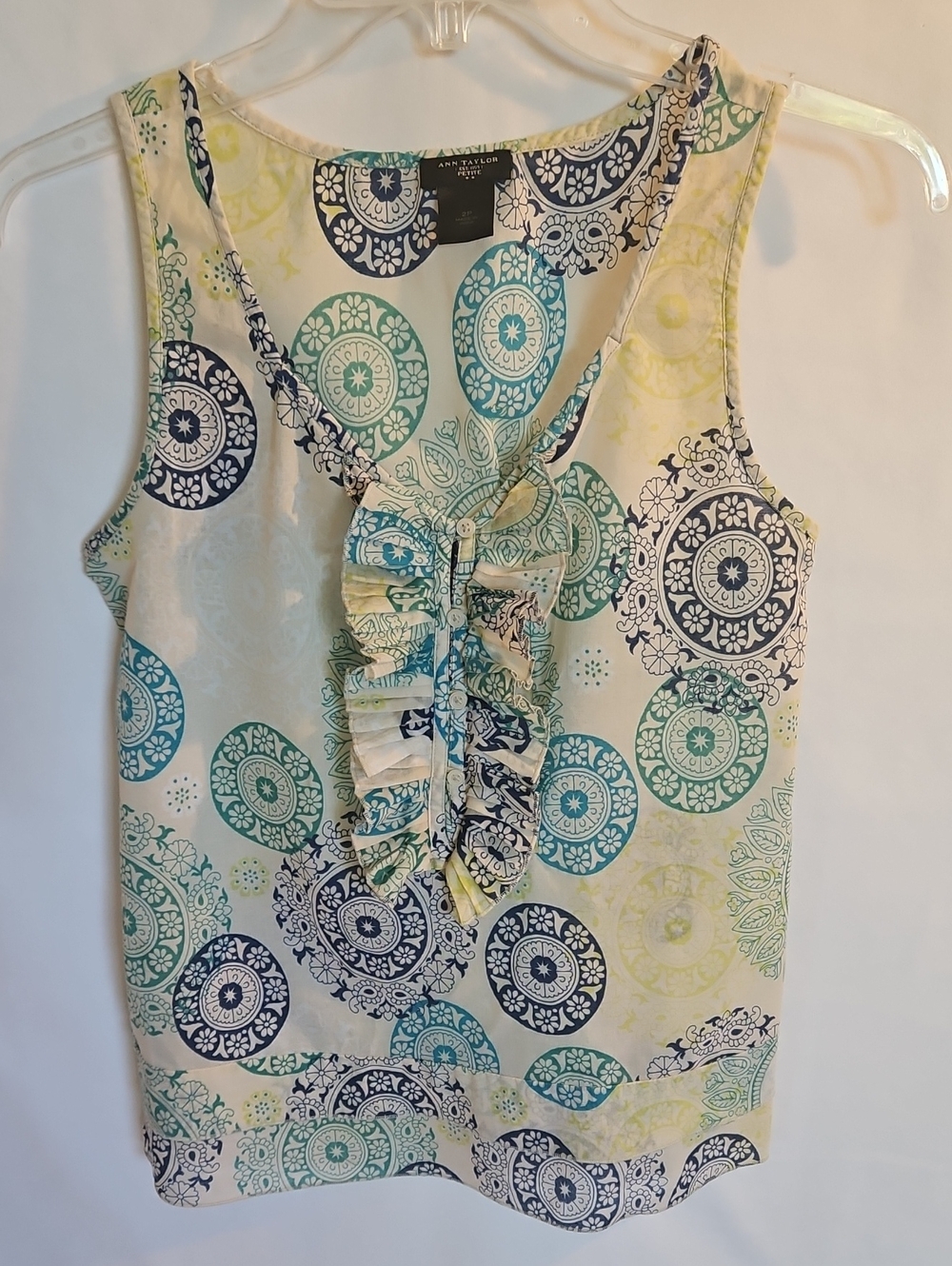 Ann Taylor Blue, Teal & Navy Medallion Ruffle Front Camisole
